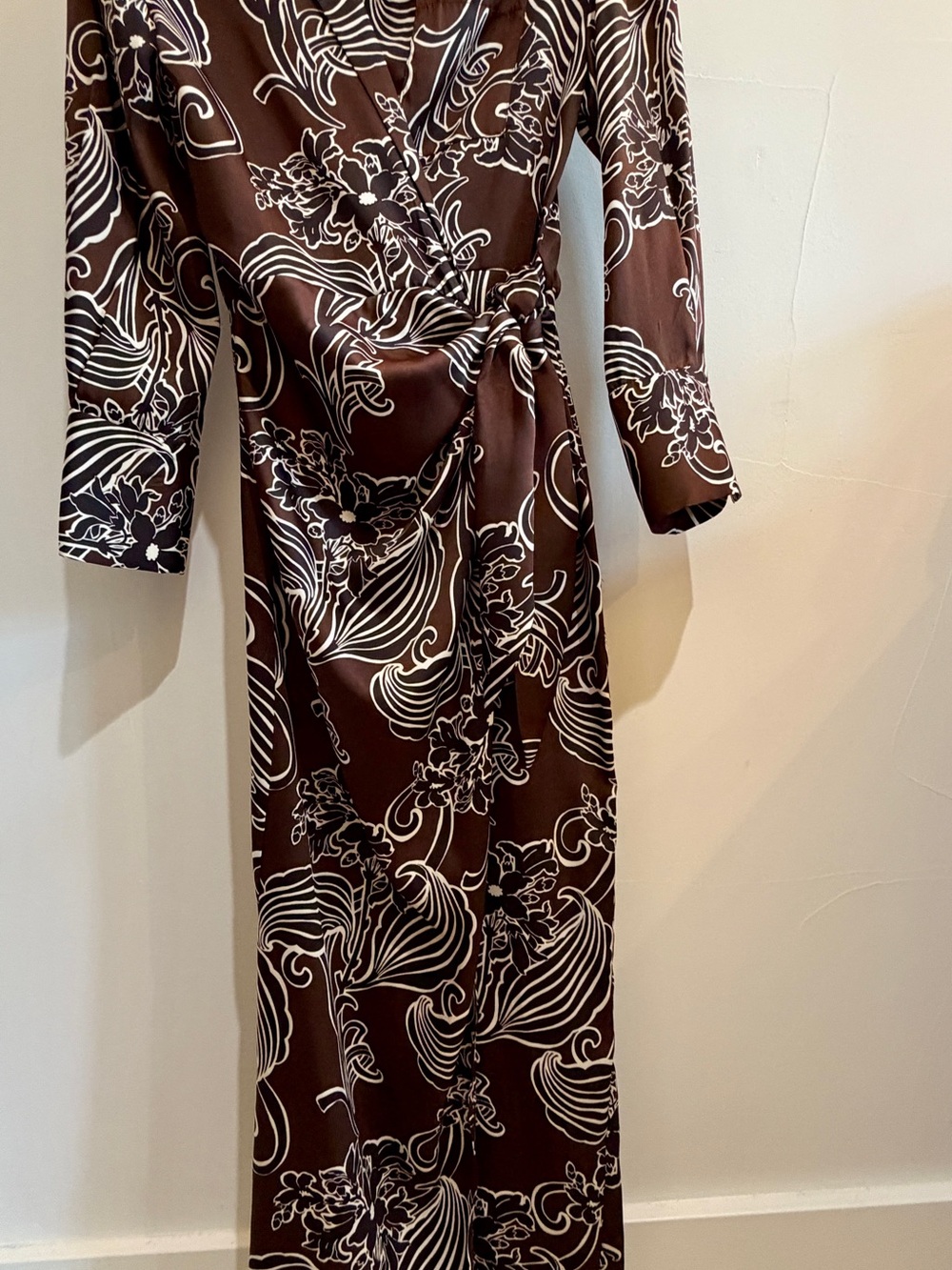 Zara Brown Long Sleeve Wrap Maxi Dress with White Floral Print